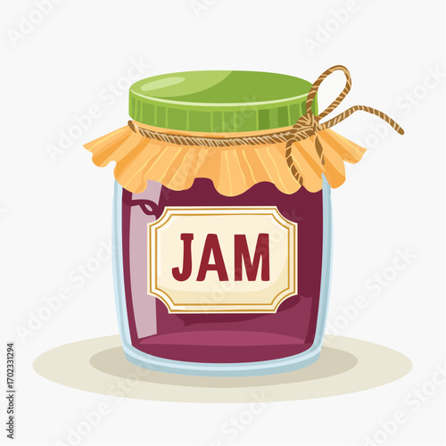 Glass Jar of Homemade Jam with Green Lid and Raffia