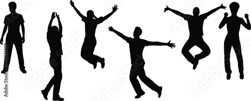 Group of people silhouettes jumping, dancing, celebrating, showing energetic poses, freedom, confidence, happiness, individuality, teamwork, creative expression, movement
