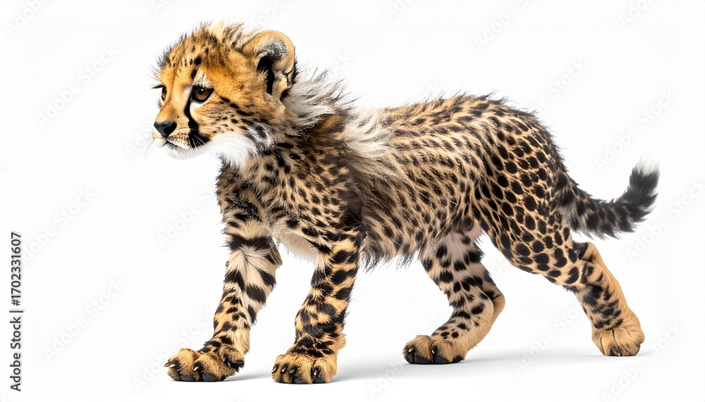 Obraz premium Cheetah cub with spotted golden fur slender body playful young wild predator animal isolated on white background 