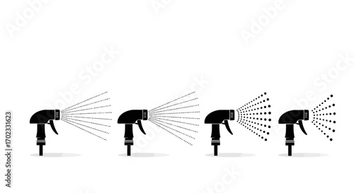 Four Black Spray Bottle Nozzles Demonstrating Different Spray Patterns and Droplet Sizes for Various Cleaning and Application Needs
