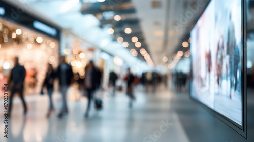 Wallpaper Mural Blurred Interior of a Shopping Mall with People Walking and an Advertising Screen Torontodigital.ca