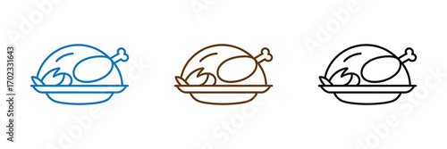Three stylized icons of a roasted chicken on a platter, isolated on white background