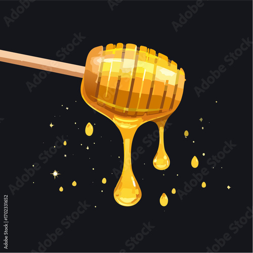 Honey Dripping from Wooden Honey Dipper on Black Background