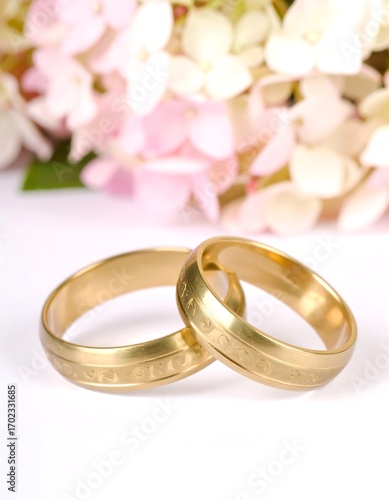 Two gold wedding bands, centered against a soft focus background of pink and white flowers