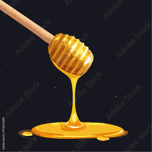 Honey Dripping from Wooden Honey Dipper on Dark Background