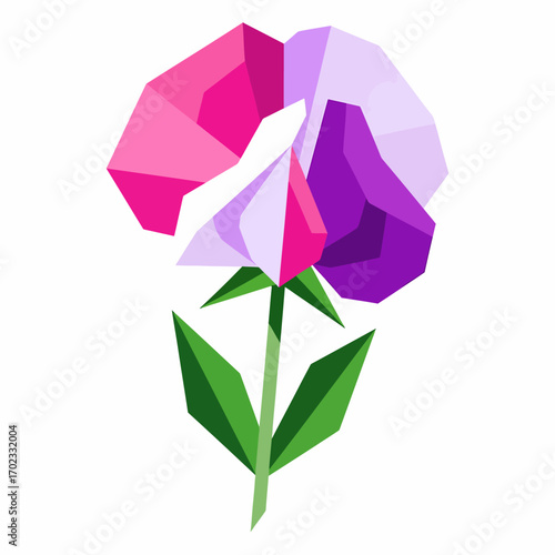 A geometric illustration of a sweet pea flower with pink, purple, and lavender petals and a green stem on a white background.