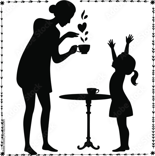 Mother serving tea with love to joyful daughter, family bonding, silhouette style, tea time moment, parenting, heartwarming scene, happiness