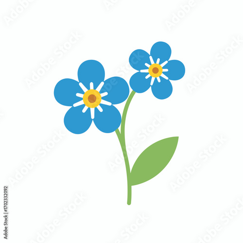 Two blue forget-me-not flowers with yellow centers and a green stem with a leaf, illustrated on a white background.