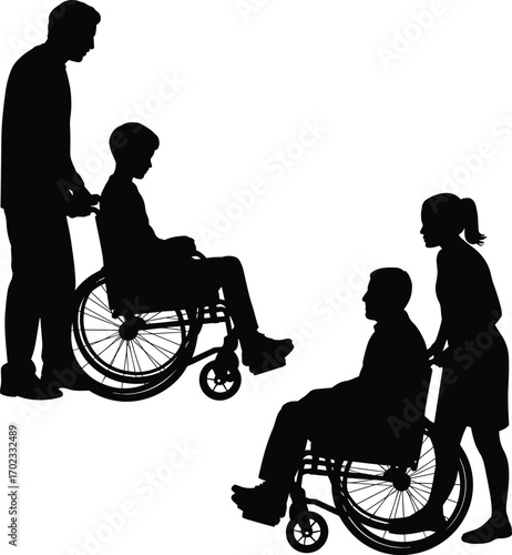 Silhouette of caregiver pushing wheelchair with patient, disability care, mobility support, medical assistance, helping hands, health service, vector art