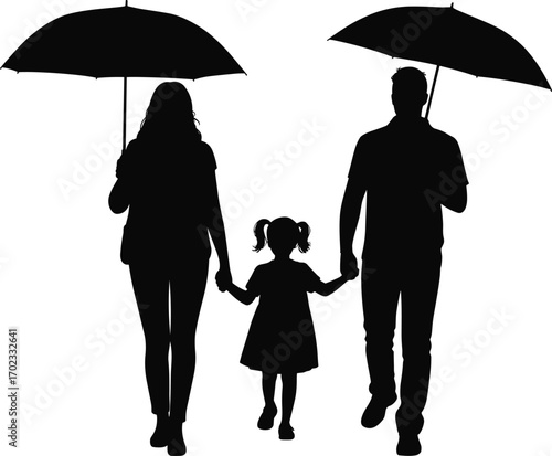 Silhouette of family holding hands, parents with child under umbrellas, walking together, protective love, rainy day, black and white vector art