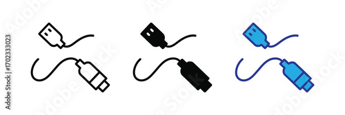 Three styles of usb cable icons, isolated on white background