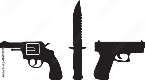 Weapons Collection Silhouette: Revolver, Pistol, and Combat Knife