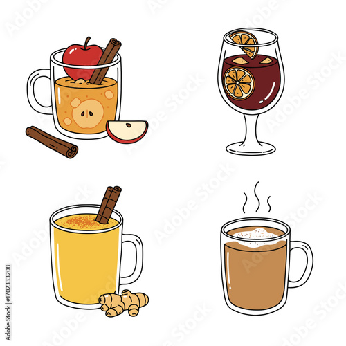 Collection of Warm drinks themed icons, including spiced cider, mulled wine, golden milk, chai latte