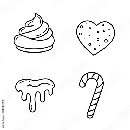Collection of Warm drinks themed icons, including whipped cream, foam heart, caramel drizzle, peppermint candy