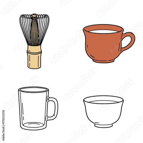 Collection of Warm drinks themed icons, including matcha whisk, clay teacup, glass mug, porcelain cup