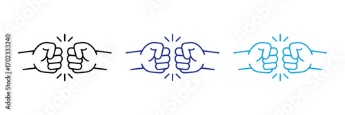 Three stylized line art icons of two fists bumping together, isolated on white background