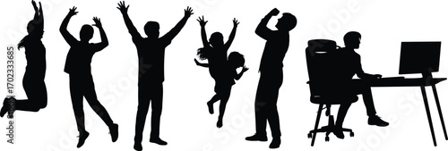 Silhouette of people jumping, celebrating, working at desk, expressing joy, success, energy, teamwork, freedom, lifestyle, motivation, creativity, happiness, productivity