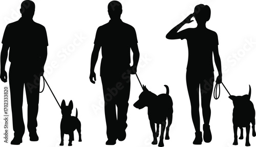 Silhouette of people walking dogs, pet lovers outdoors, black vector illustration, walking with pets, casual stroll, dog walking routine
