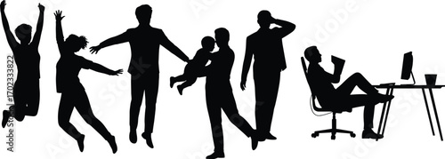 Silhouette of people jumping, parenting, working, thinking, relaxing, reading, interacting with children, expressing emotions, lifestyle, motivation, business, success, modern life