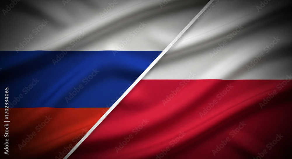 Fototapeta premium Russia And Poland Fabric Flags Split Diagonally Full Canvas High Detail Folds Natural Lighting Symbolizing Conflict War Tension Geopolitical Rivalry