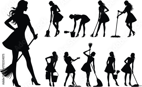 Silhouette of woman cleaning, holding broom and mop, house cleaning activities, domestic chores, woman in dress, high heels, cleaning tools, household work, tidy home, housekeeping