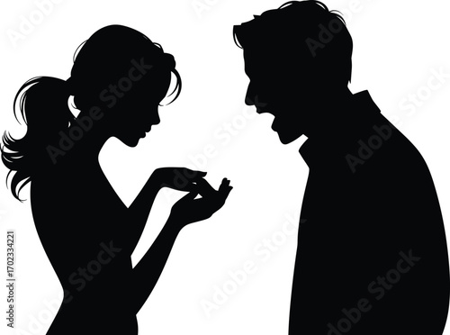 Silhouette of woman showing broken heart to angry man, relationship conflict, emotional tension, heartbreak, communication issues, couple disagreement, love problems.