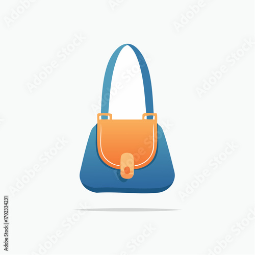 Stylish handbag illustration featuring a vibrant blue and orange color scheme with subtle shadow