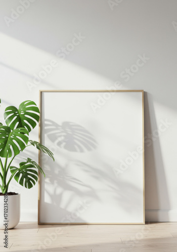 Wallpaper Mural Empty Gold Frame with Monstera Plant Shadow Minimalist Decor. Torontodigital.ca