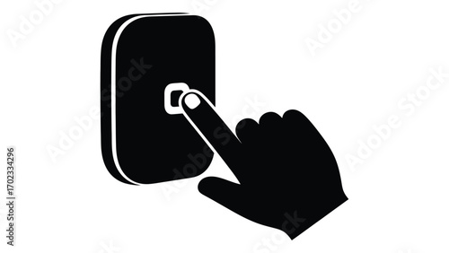 Hand pressing a doorbell isolated on white background, calling for attention