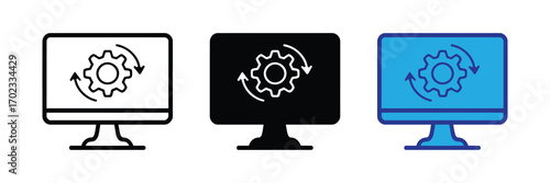 Computer monitor displaying a gear with rotation arrows, representing system settings or process