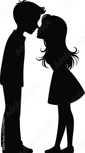 Silhouette of young boy and girl leaning forward for a kiss, romantic moment, childhood love, sweet affection, innocent love, couple, love, kids, tenderness