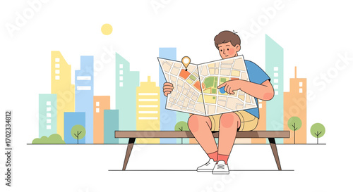 Tourist Analyzing City Map While Seated Outside With Colorful Skyscrapers In The Back