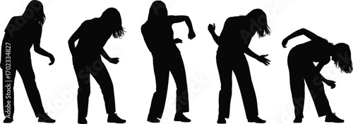 Silhouette of young woman dancing in casual clothes, expressive movement, modern dance poses, black and white vector, artistic energetic motion