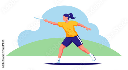 Woman Playing Sport With Frisbee In A Field, Vector Illustration With A Minimalist Style