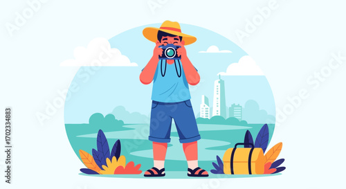 Tourist Photographer Taking Pictures in a City Park Vector Illustration