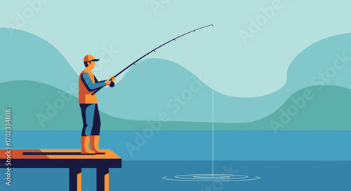 Tranquil Angler Casting In Gentle Waters For A Serene Afternoon Of Aquatic Pursuit