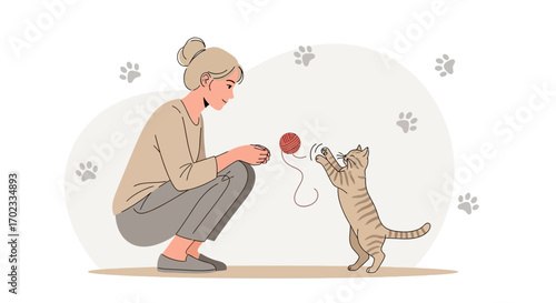 Woman Playing With Cat And Yarn Ball, Happy Pet And Owner Interaction