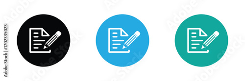Three circular icons with a white document and pencil symbol on black, blue, and teal backgrounds