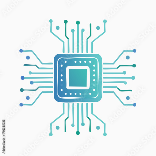 Stylized depiction of a digital processor with interconnected circuits, isolated on white