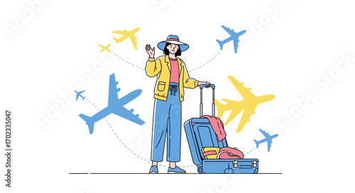 Traveler with suitcase waving goodbye near airplanes ready for a trip around the world