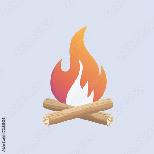 Stylized campfire illustration featuring burning flames and crossed wooden logs on a neutral background