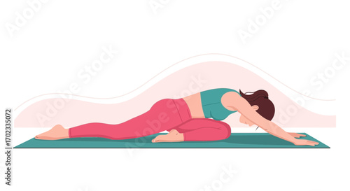 Woman Practicing Yoga Outdoors On Mat, Reaching Forward In Flexible Asana Position