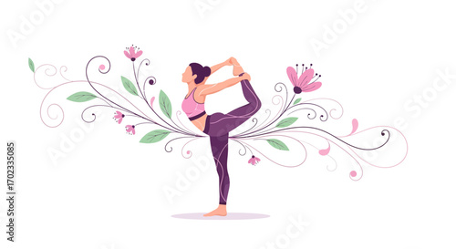 Woman Practicing Yoga Pose Adorned With Floral Elements Beautifully Illustrated