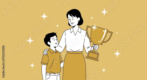 Triumphant Mother And Son Celebrating Victory Together With The Golden Trophy