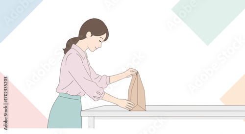 Woman Preparing a Food Delivery Bag on a Table with an Abstract Background