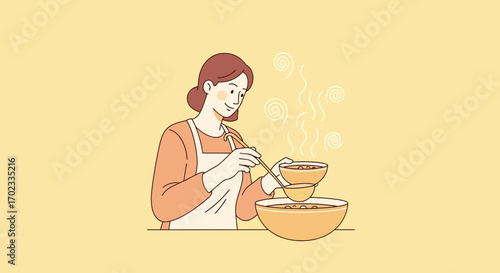 Woman preparing delicious soup in a vibrant kitchen illustration artwork vector