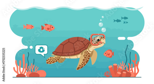 Underwater Adventure Captures A Curious Turtle Embracing The Marine Realm With Fishes