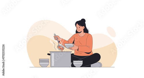 Woman Preparing Delicious Soup In Kitchen, Serving Food From Cooking Pot, Illustration