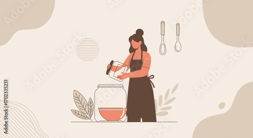 Woman preparing food illustration, canning illustration, jar illustration, vector art style