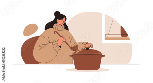 Woman Preparing Food In Her Kitchen, Ladle And Pot Illustration On White Background